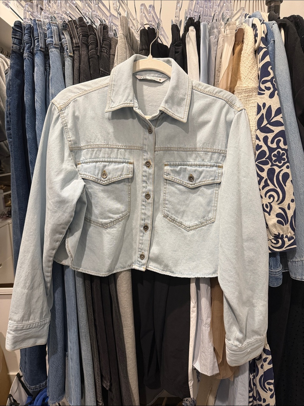 ZARA crop light denim button up shirt. sz small